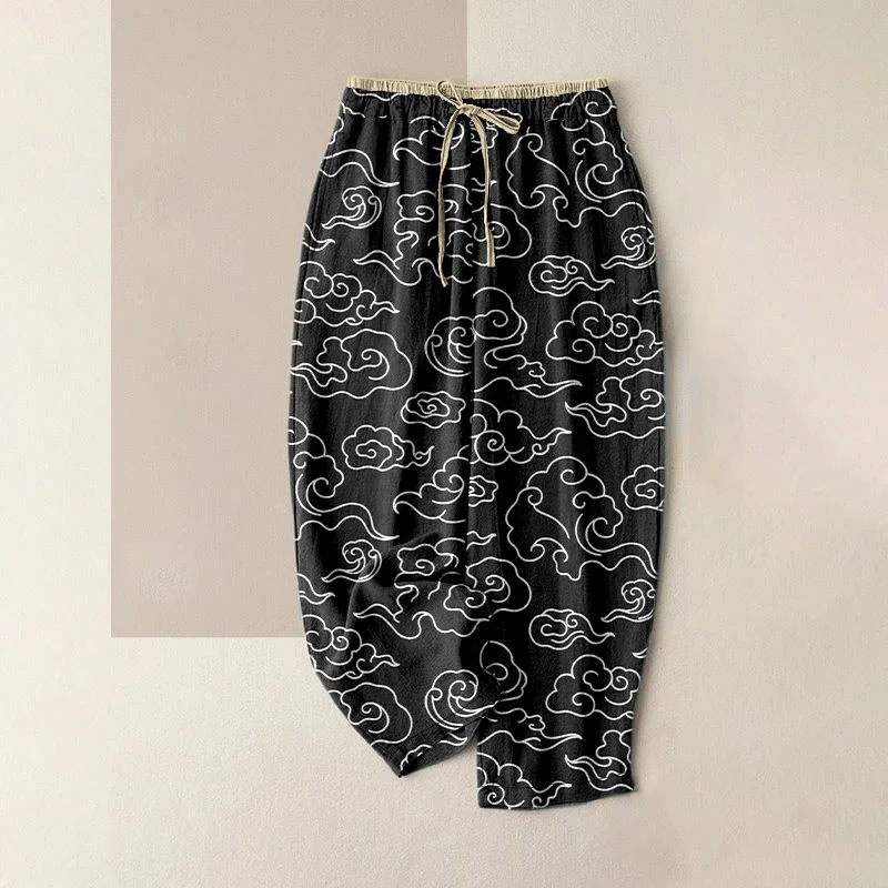Buddha Stones Pantaloni da donna in puro cotone, casual, con motivo nuvole di buon auspicio, vita elasticizzata e tasche. - Image 5