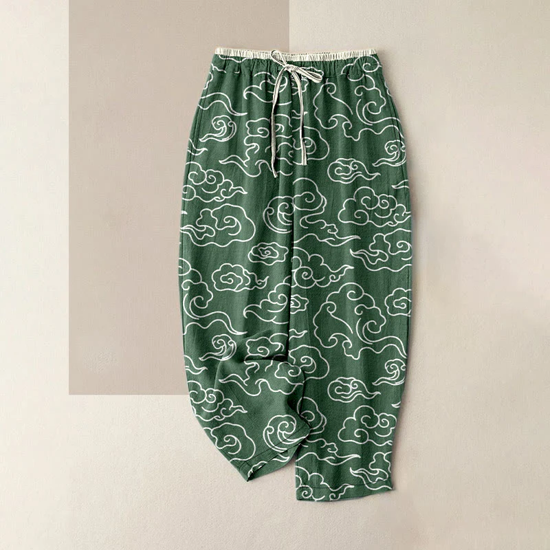 Buddha Stones Pantaloni da donna in puro cotone, casual, con motivo nuvole di buon auspicio, vita elasticizzata e tasche. - Image 6