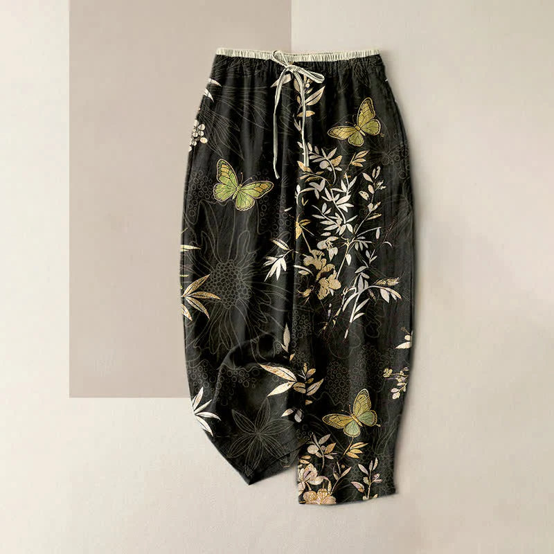 Buddha Stones Pantaloni da donna in puro cotone con coulisse, fantasia a farfalle, foglie e fiori, colorati e con tasche.
