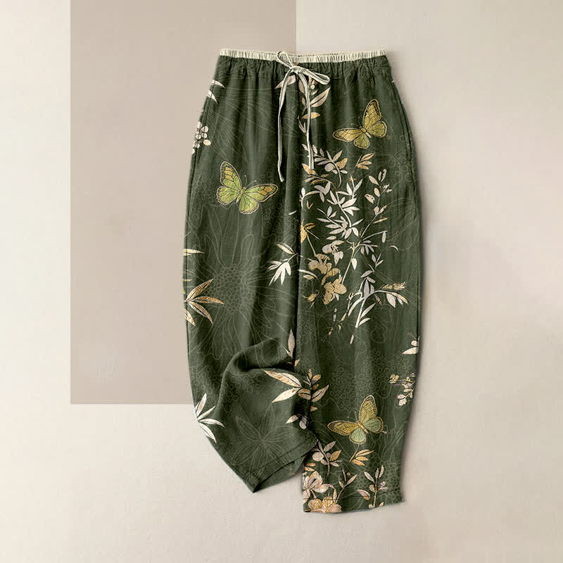 Buddha Stones Pantaloni da donna in puro cotone con coulisse, fantasia a farfalle, foglie e fiori, colorati e con tasche. - Image 5
