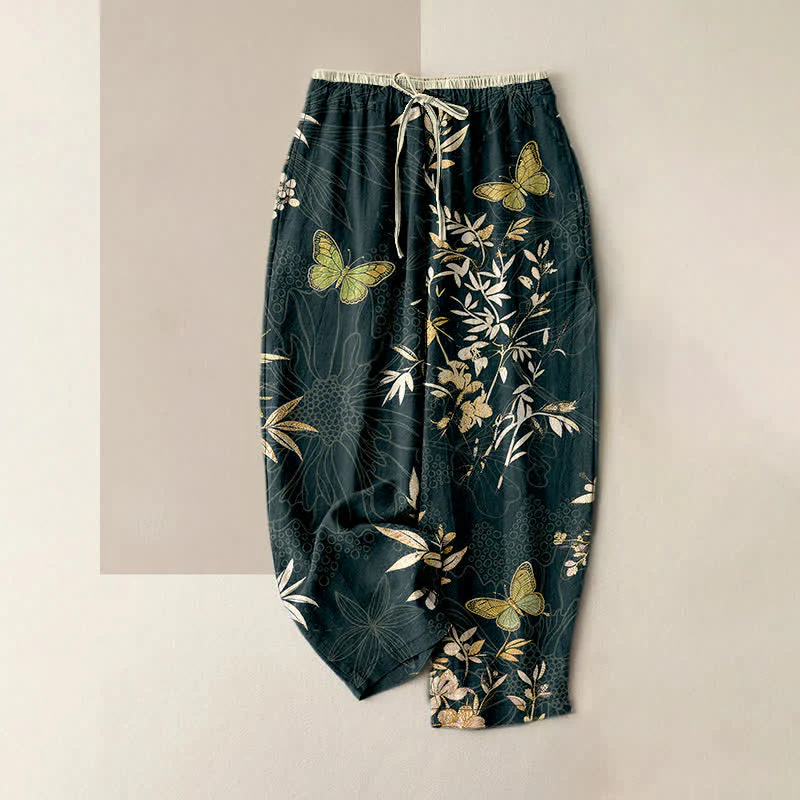 Buddha Stones Pantaloni da donna in puro cotone con coulisse, fantasia a farfalle, foglie e fiori, colorati e con tasche. - Image 6