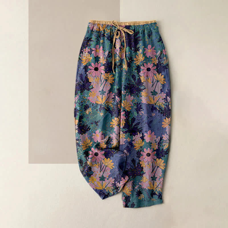 Buddha Stones Pantaloni da donna in puro cotone con elastico in vita e stampa floreale colorata, con tasche.
