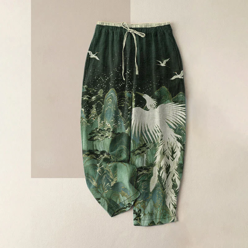 Buddha Stones Pantaloni da donna in puro cotone con elastico in vita e tasche, con motivo a gru e paesaggio di buon auspicio. - Image 5