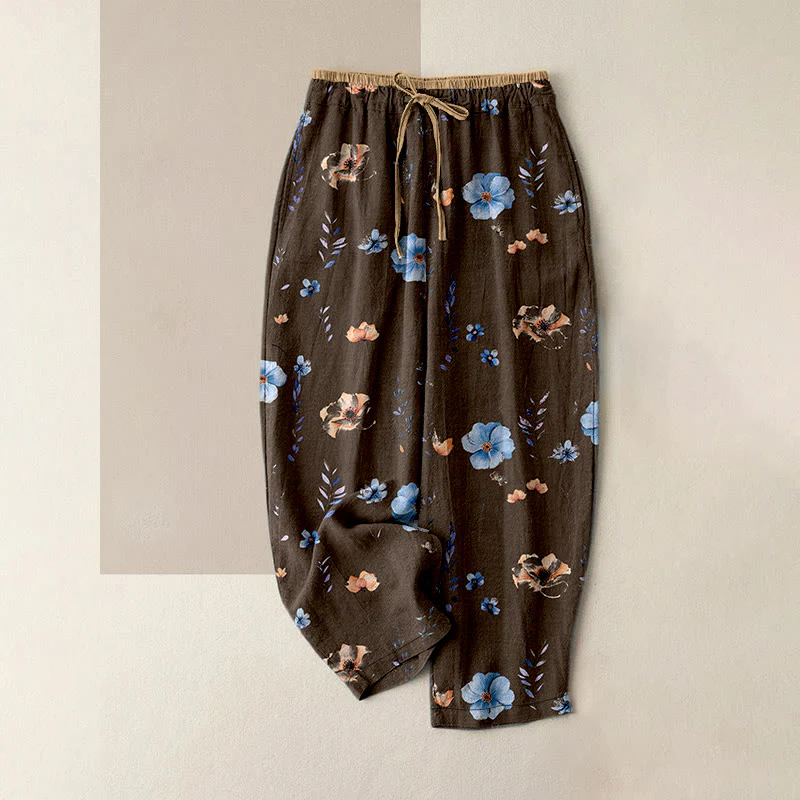 Buddha Stones Pantaloni da donna in puro cotone con elastico in vita e tasche, fantasia a fiori di pesco. - Image 5