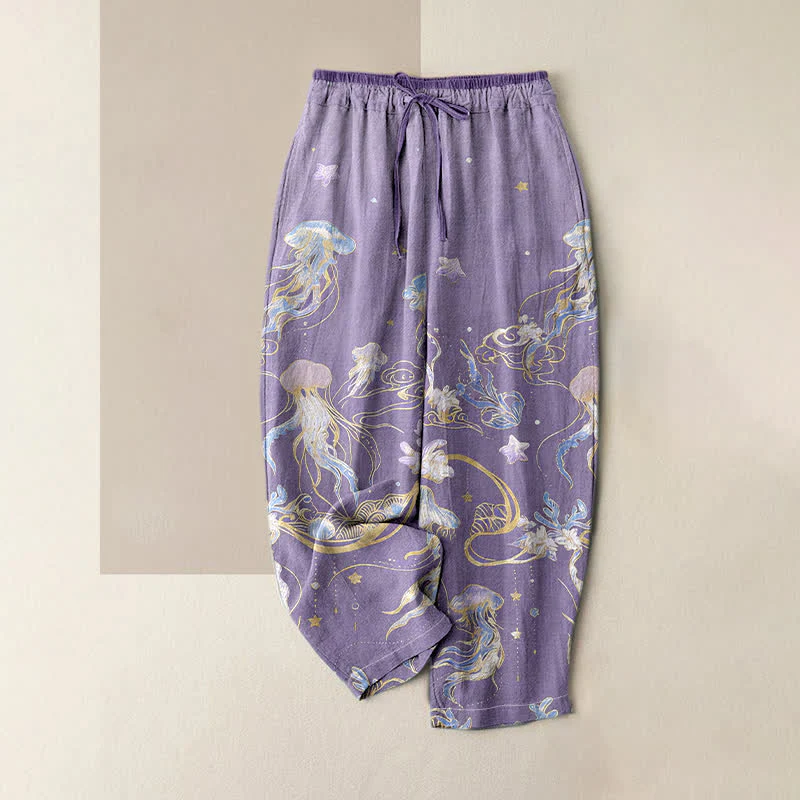 Buddha Stones Pantaloni da donna in puro cotone con elastico in vita e tasche, fantasia a meduse. - Image 4
