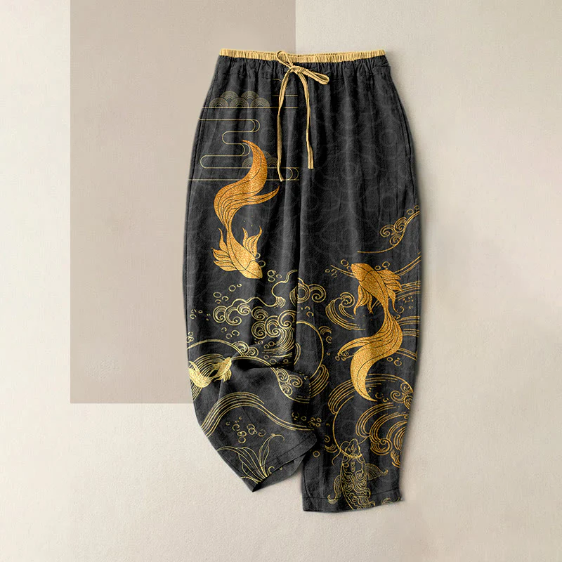 Buddha Stones Pantaloni da donna in puro cotone con elastico in vita e tasche, fantasia a onde con pesci koi. - Image 6
