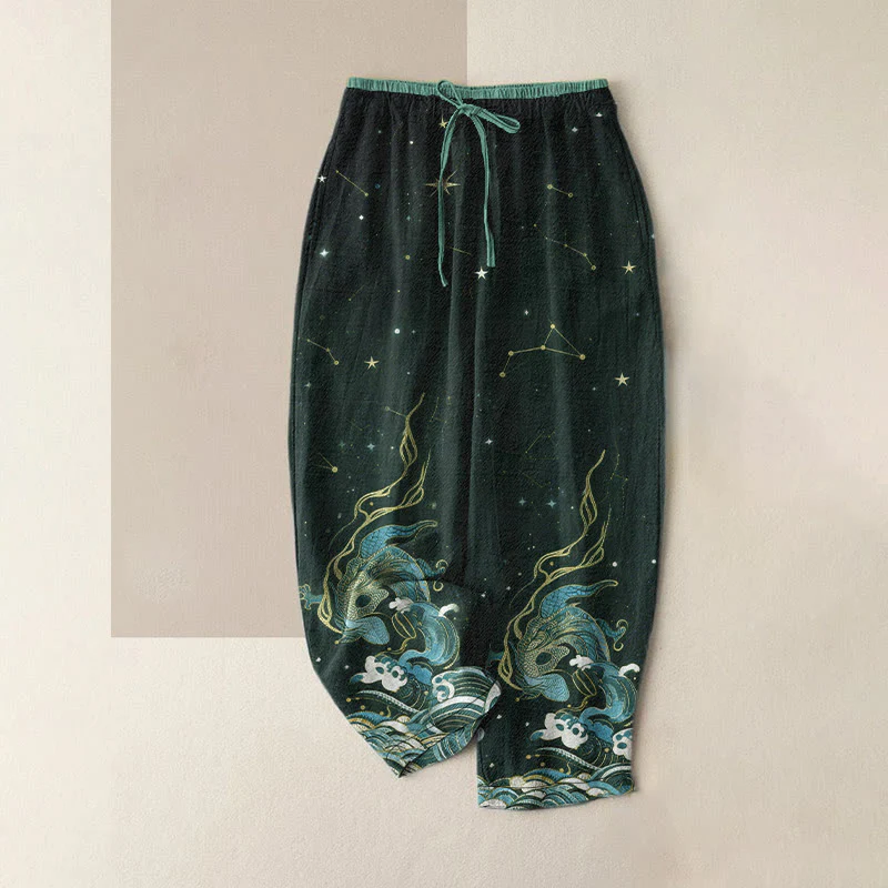 Buddha Stones Pantaloni da donna in puro cotone con elastico in vita e tasche, fantasia cielo stellato, oceano e bestie mitologiche. - Image 5