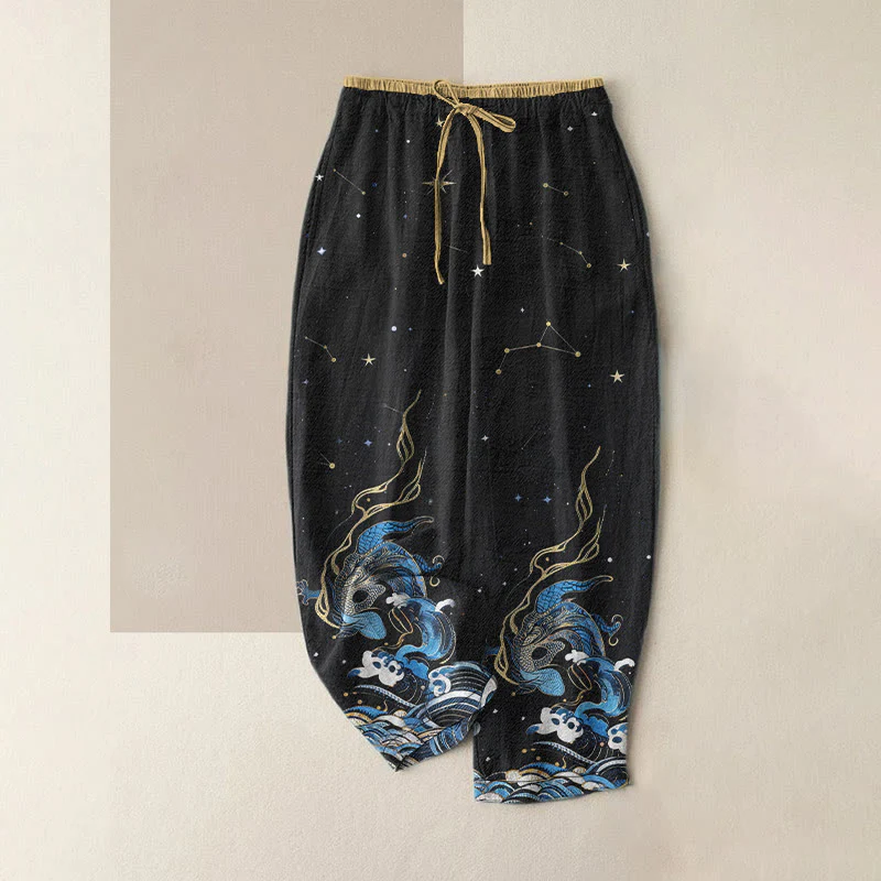 Buddha Stones Pantaloni da donna in puro cotone con elastico in vita e tasche, fantasia cielo stellato, oceano e bestie mitologiche. - Image 6