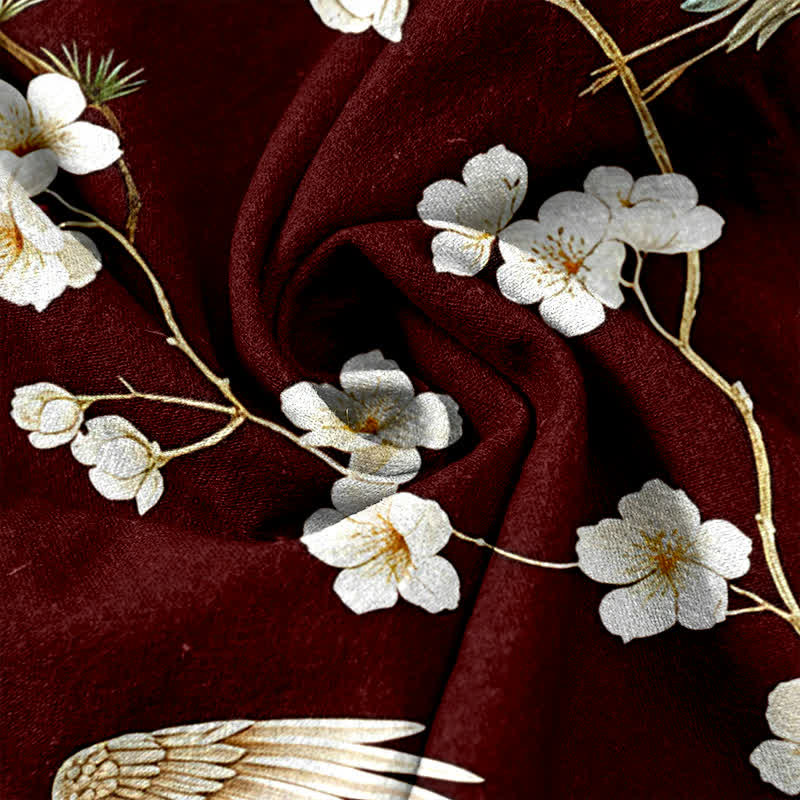 Buddha Stones Pantaloni da donna in puro cotone con elastico in vita e tasche, fantasia "Crane Plum Blossom". - Image 12
