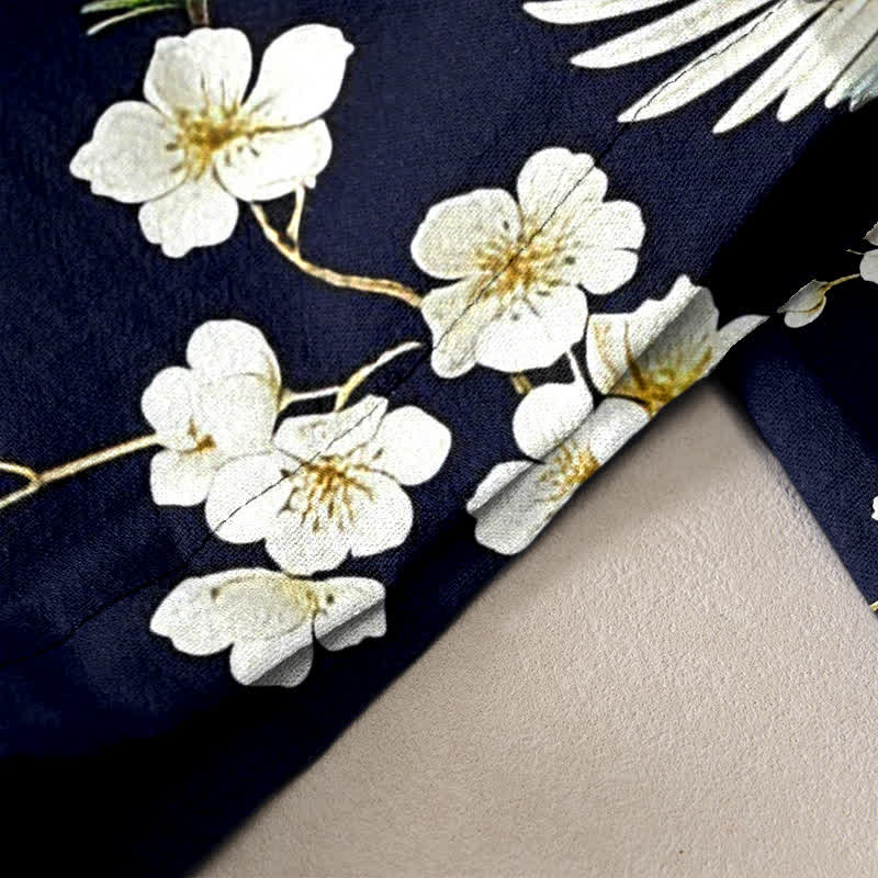Buddha Stones Pantaloni da donna in puro cotone con elastico in vita e tasche, fantasia "Crane Plum Blossom". - Image 3