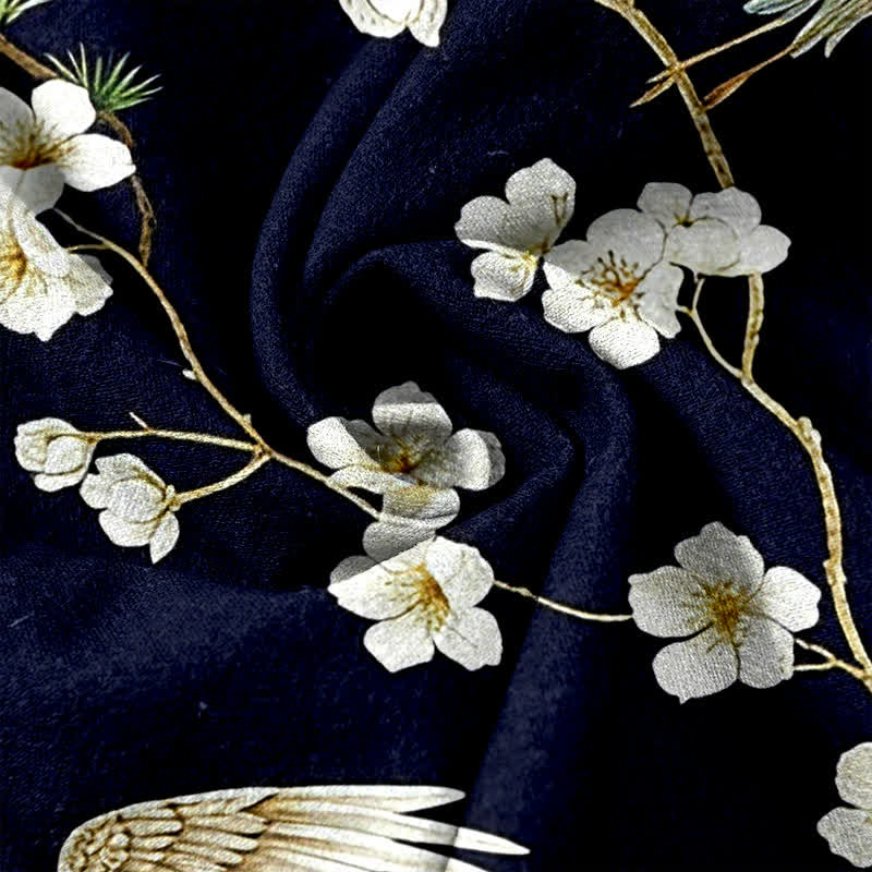 Buddha Stones Pantaloni da donna in puro cotone con elastico in vita e tasche, fantasia "Crane Plum Blossom". - Image 4
