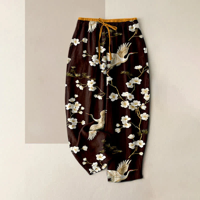 Buddha Stones Pantaloni da donna in puro cotone con elastico in vita e tasche, fantasia "Crane Plum Blossom". - Image 5
