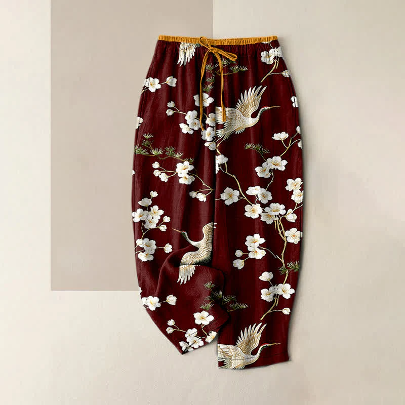Buddha Stones Pantaloni da donna in puro cotone con elastico in vita e tasche, fantasia "Crane Plum Blossom". - Image 9