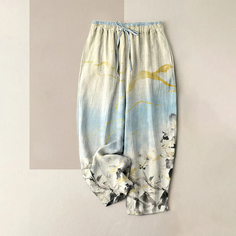 Buddha Stones Pantaloni da donna in puro cotone con elastico in vita e tasche, fantasia floreale a righe dorate.