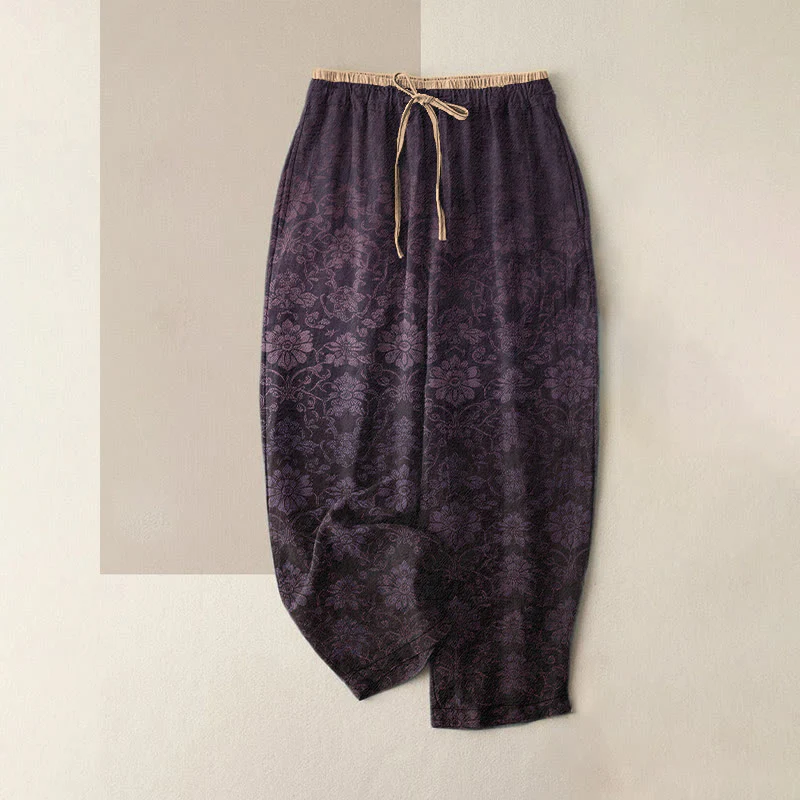 Buddha Stones Pantaloni da donna in puro cotone con elastico in vita e tasche, fantasia floreale retrò. - Image 5