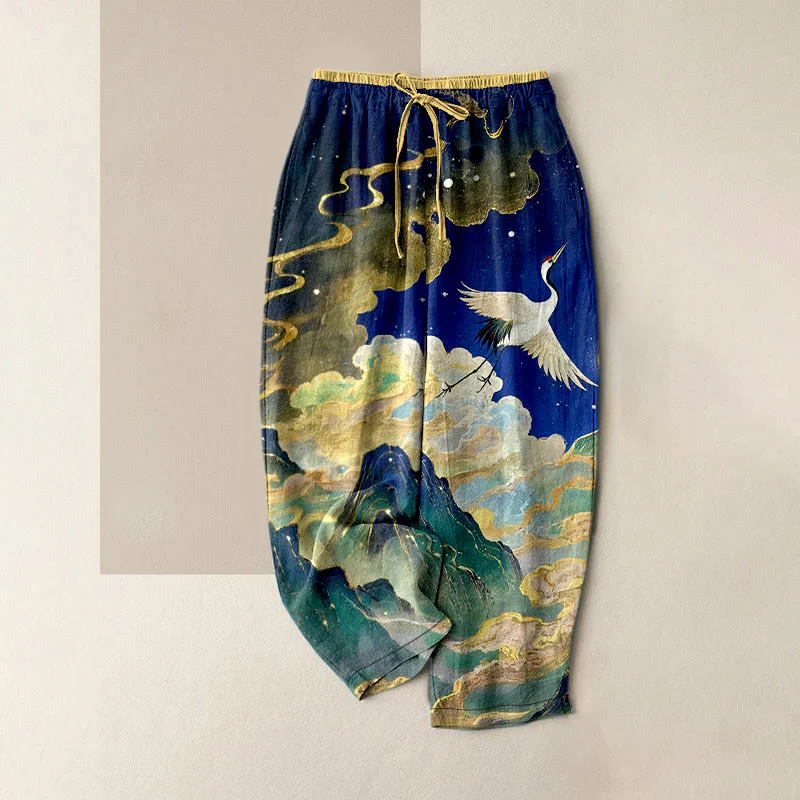 Buddha Stones Pantaloni da donna in puro cotone con elastico in vita e tasche, fantasia gru, nuvole e montagne.
