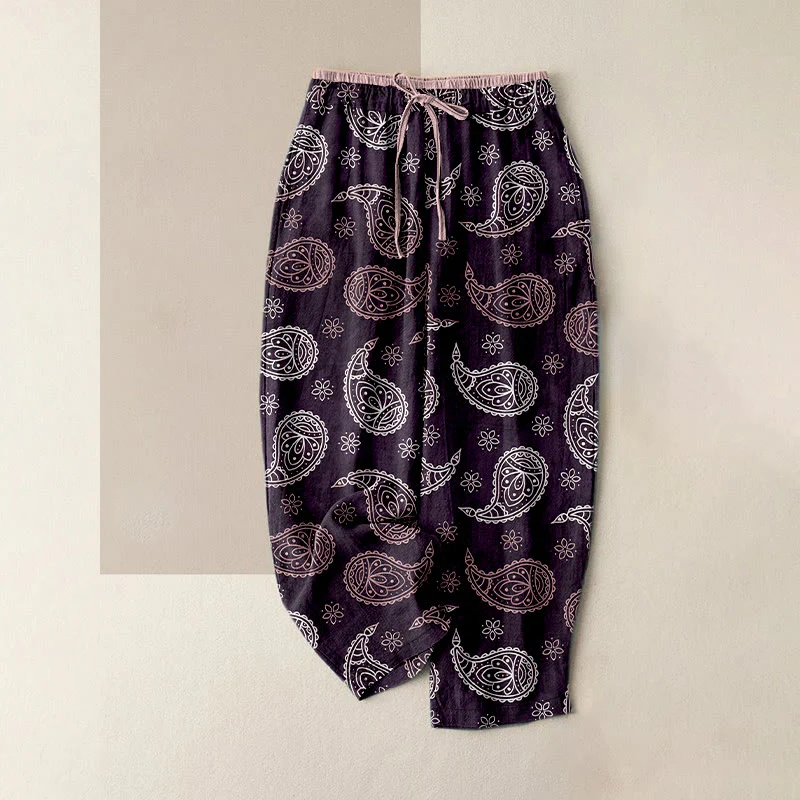 Buddha Stones Pantaloni da donna in puro cotone con elegante fantasia paisley, elastico in vita e tasche. - Image 5