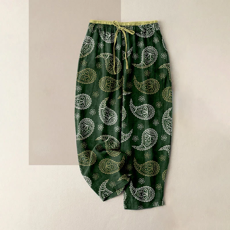 Buddha Stones Pantaloni da donna in puro cotone con elegante fantasia paisley, elastico in vita e tasche. - Image 6