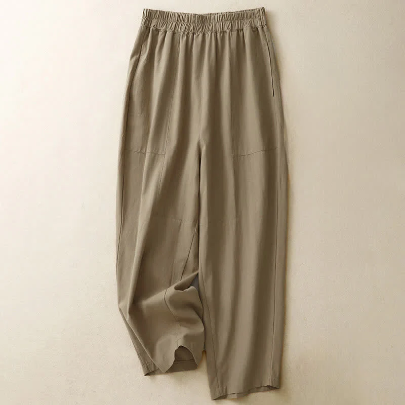 Buddha Stones Pantaloni da donna primaverili a gamba dritta in cotone, tinta unita, con elastico in vita e tasche.