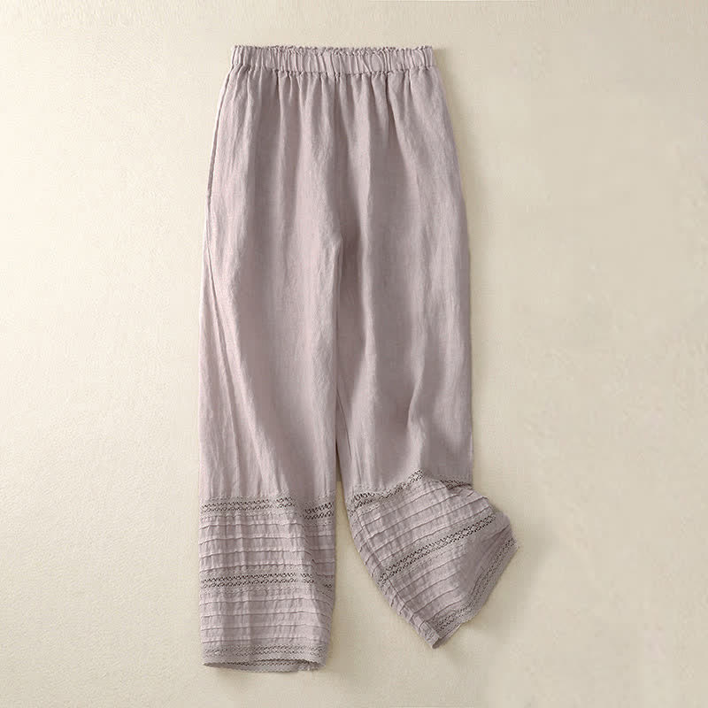 Buddha Stones Pantaloni da donna primaverili in cotone con elastico in vita, orlo plissettato e lacci, con tasche.