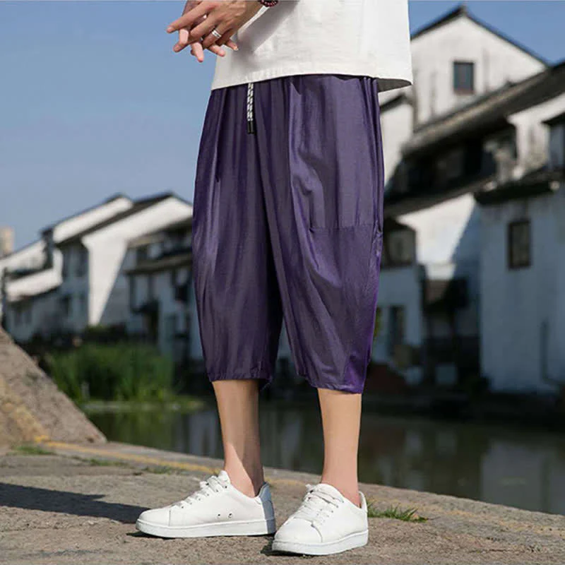 Buddha Stones Pantaloni da uomo estivi a mezza gamba affusolati, con coulisse in vita elasticizzata e tasche, in tinta unita. - Image 34