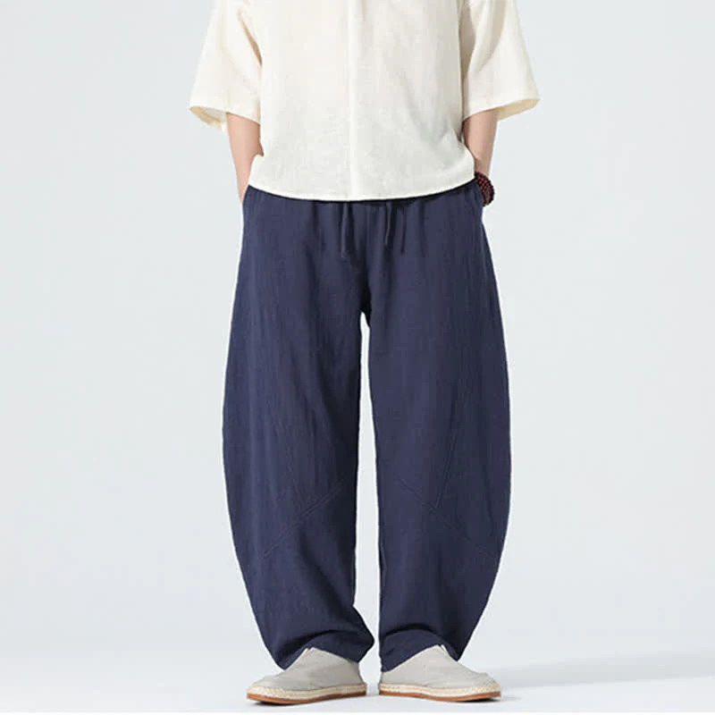 Buddha Stones Pantaloni da uomo primaverili in cotone tinta unita con coulisse e tasche. - Image 10