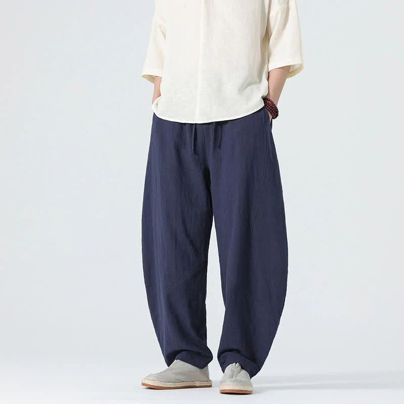Buddha Stones Pantaloni da uomo primaverili in cotone tinta unita con coulisse e tasche. - Image 11