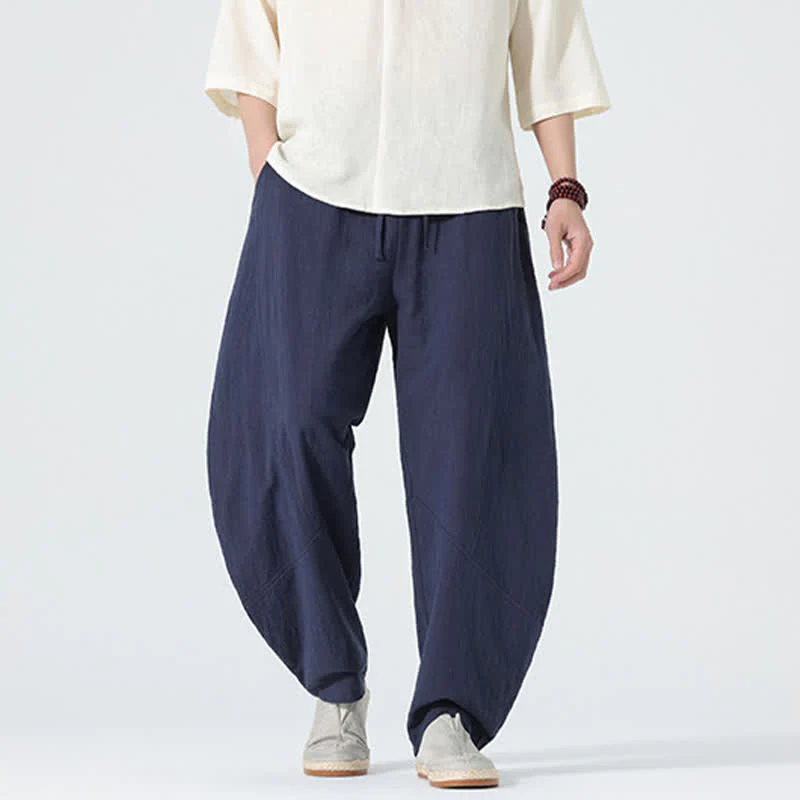 Buddha Stones Pantaloni da uomo primaverili in cotone tinta unita con coulisse e tasche. - Image 12