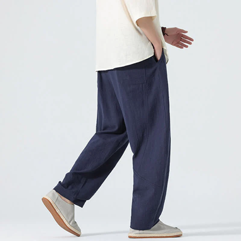 Buddha Stones Pantaloni da uomo primaverili in cotone tinta unita con coulisse e tasche. - Image 13