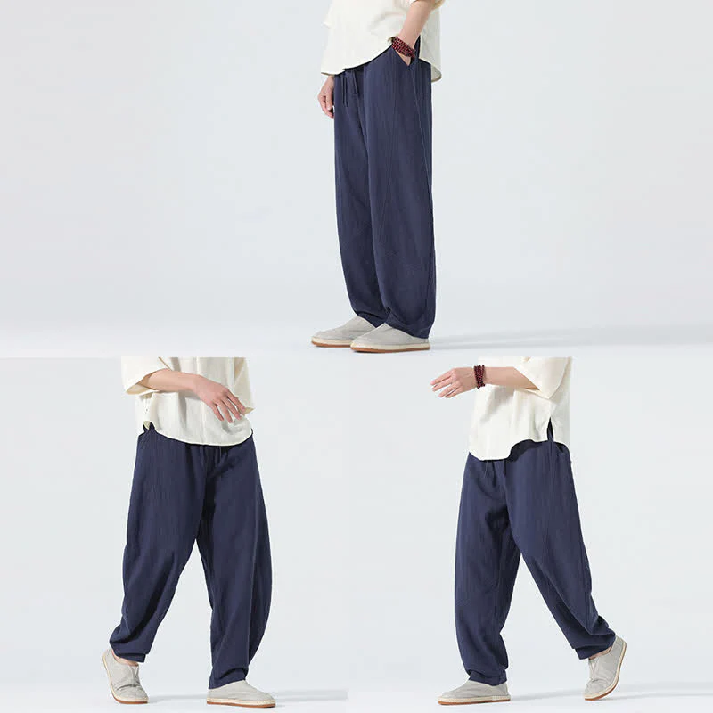 Buddha Stones Pantaloni da uomo primaverili in cotone tinta unita con coulisse e tasche. - Image 14
