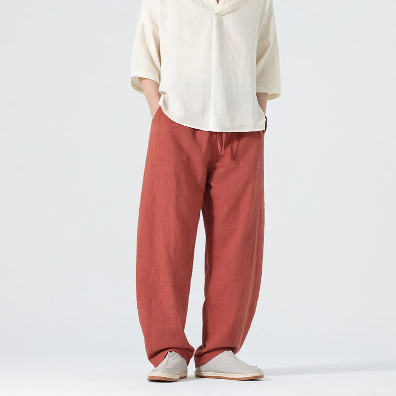 Buddha Stones Pantaloni da uomo primaverili in cotone tinta unita con coulisse e tasche. - Image 15