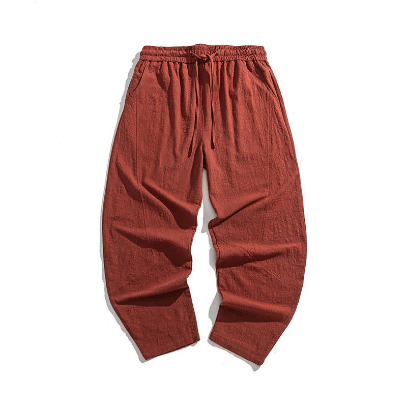 Buddha Stones Pantaloni da uomo primaverili in cotone tinta unita con coulisse e tasche. - Image 19