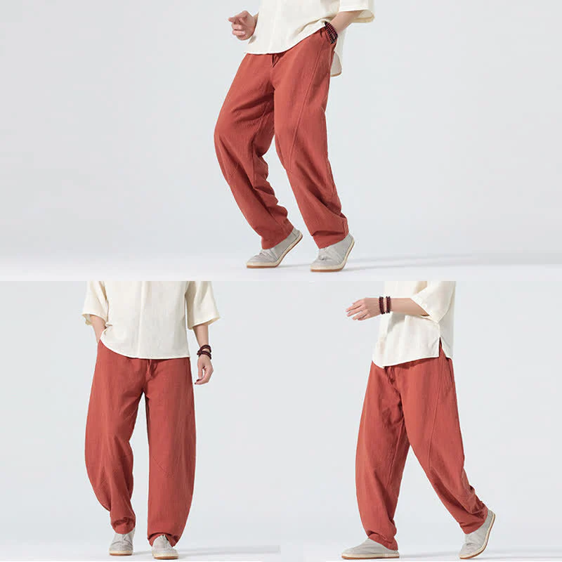 Buddha Stones Pantaloni da uomo primaverili in cotone tinta unita con coulisse e tasche. - Image 20