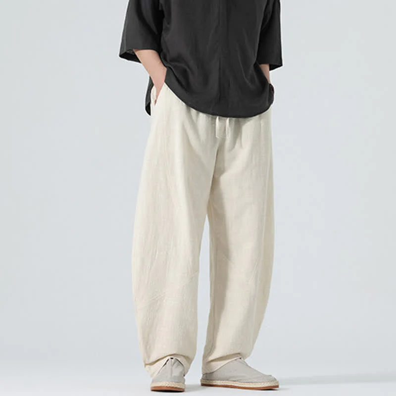 Buddha Stones Pantaloni da uomo primaverili in cotone tinta unita con coulisse e tasche. - Image 25