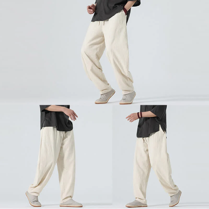 Buddha Stones Pantaloni da uomo primaverili in cotone tinta unita con coulisse e tasche. - Image 26