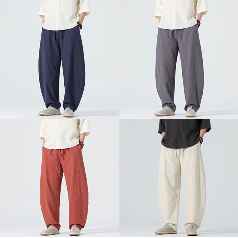 Buddha Stones Pantaloni da uomo primaverili in cotone tinta unita con coulisse e tasche. - Image 27