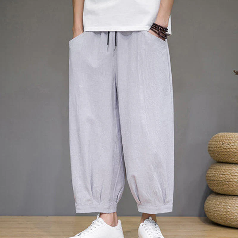 Buddha Stones Pantaloni harem casual da uomo in cotone, lunghezza 7-8, con tasche - Image 11
