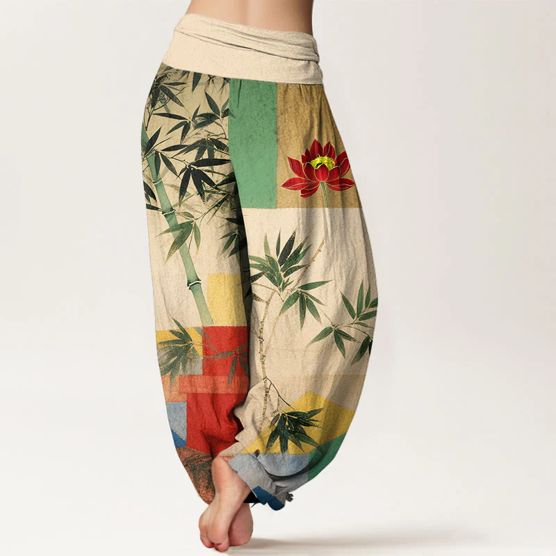 Buddha Stones Pantaloni harem da donna con elastico in vita, in cotone, con motivo geometrico di loto e bambù colorato - Image 2