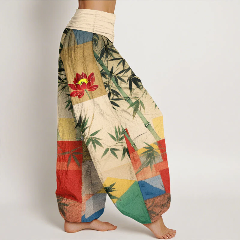 Buddha Stones Pantaloni harem da donna con elastico in vita, in cotone, con motivo geometrico di loto e bambù colorato - Image 3