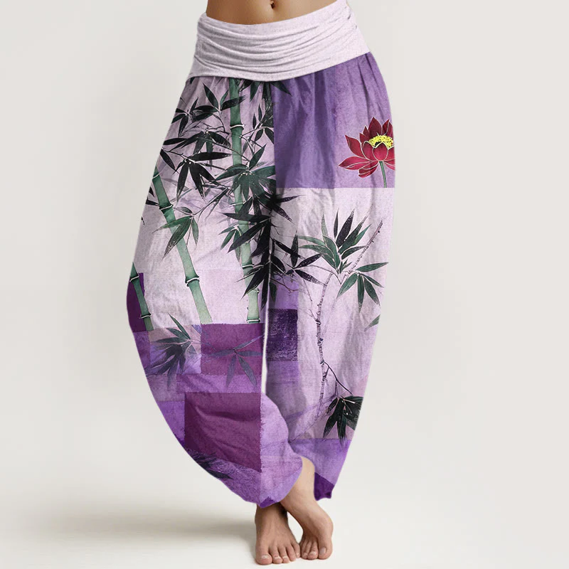 Buddha Stones Pantaloni harem da donna con elastico in vita, in cotone, con motivo geometrico di loto e bambù colorato - Image 6