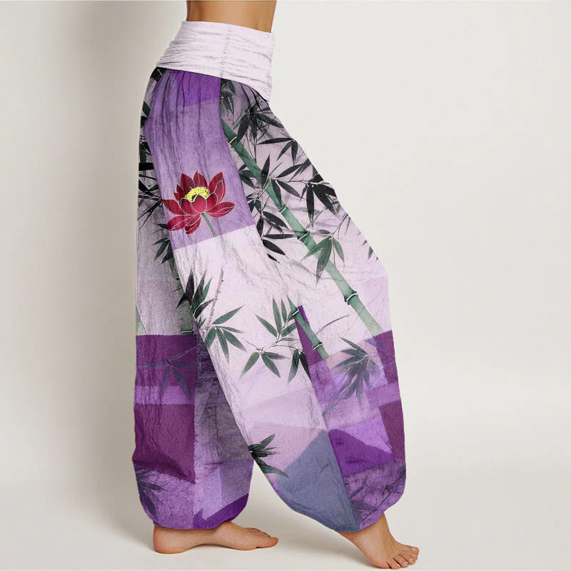Buddha Stones Pantaloni harem da donna con elastico in vita, in cotone, con motivo geometrico di loto e bambù colorato - Image 8