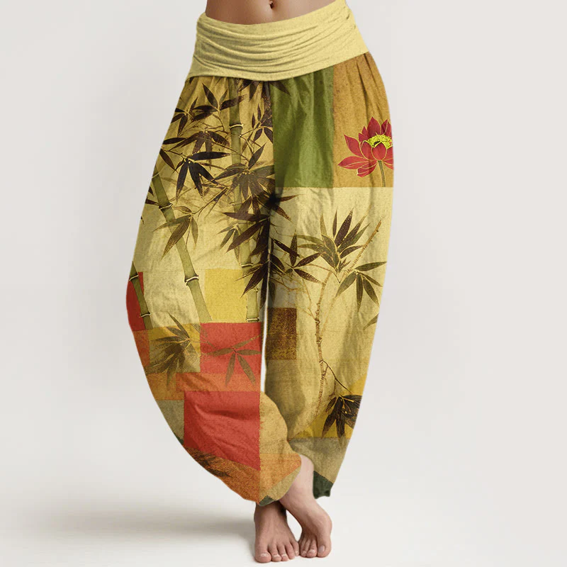 Buddha Stones Pantaloni harem da donna con elastico in vita, in cotone, con motivo geometrico di loto e bambù colorato - Image 9