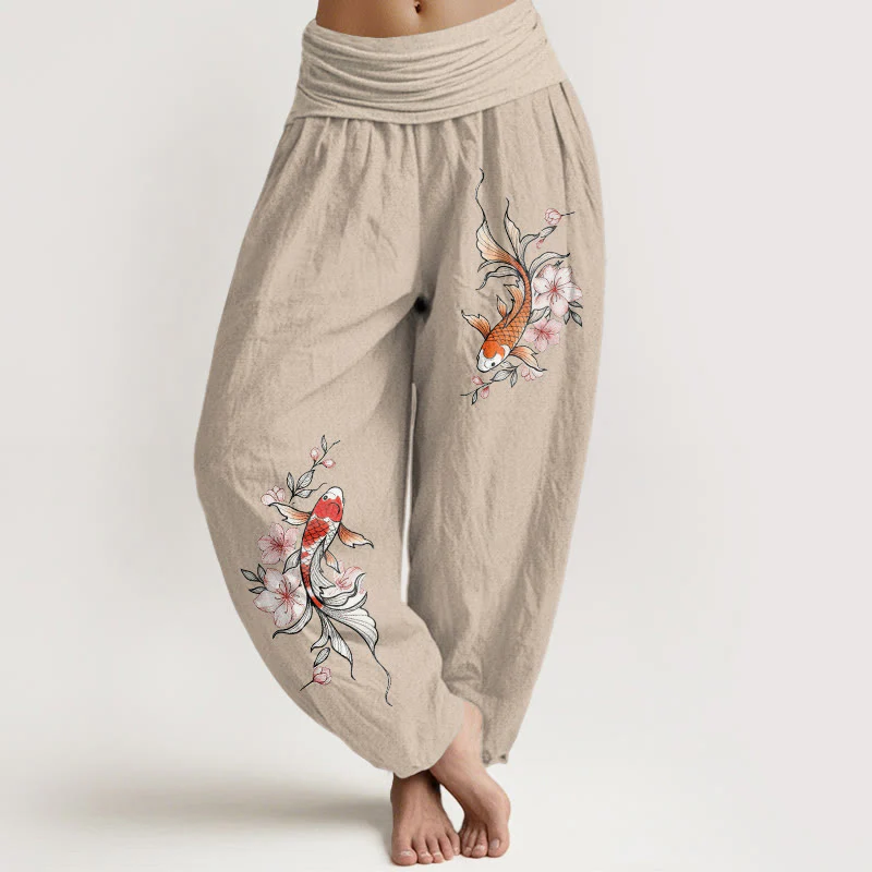 Buddha Stones Pantaloni harem da donna in cotone con elastico in vita e fantasia di carpe koi e fiori di pesco rosa. - Image 12