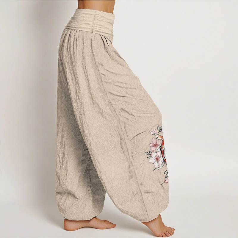 Buddha Stones Pantaloni harem da donna in cotone con elastico in vita e fantasia di carpe koi e fiori di pesco rosa. - Image 14