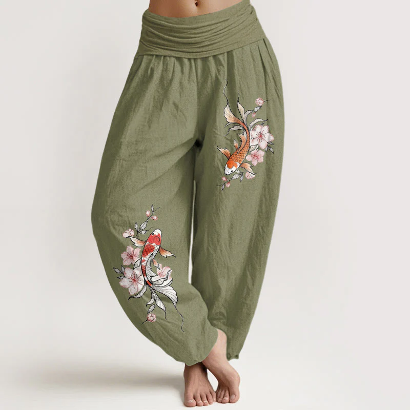 Buddha Stones Pantaloni harem da donna in cotone con elastico in vita e fantasia di carpe koi e fiori di pesco rosa. - Image 15