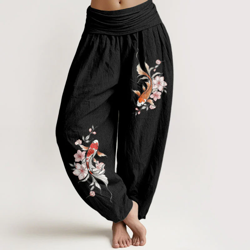 Buddha Stones Pantaloni harem da donna in cotone con elastico in vita e fantasia di carpe koi e fiori di pesco rosa. - Image 6