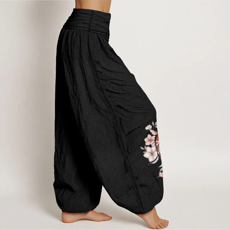 Buddha Stones Pantaloni harem da donna in cotone con elastico in vita e fantasia di carpe koi e fiori di pesco rosa. - Image 8