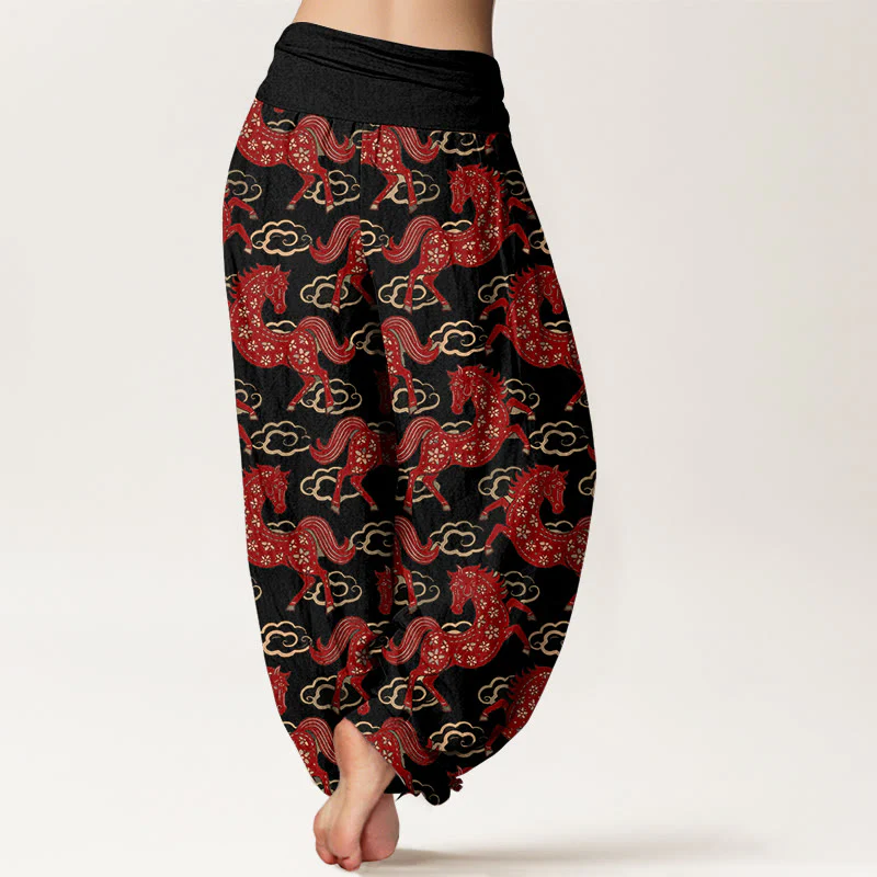Buddha Stones Pantaloni harem da donna in cotone con elastico in vita e motivo a nuvole e cavalli - Image 2