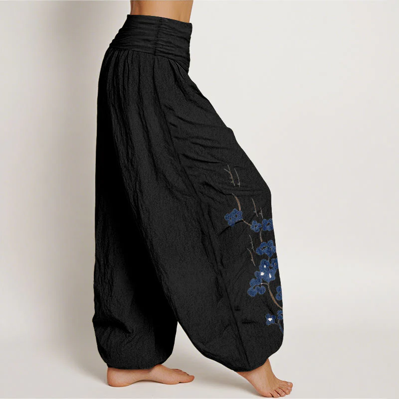Buddha Stones Pantaloni harem da donna in cotone con elastico in vita e motivo calligrafico sul seno, colore prugna. - Image 7