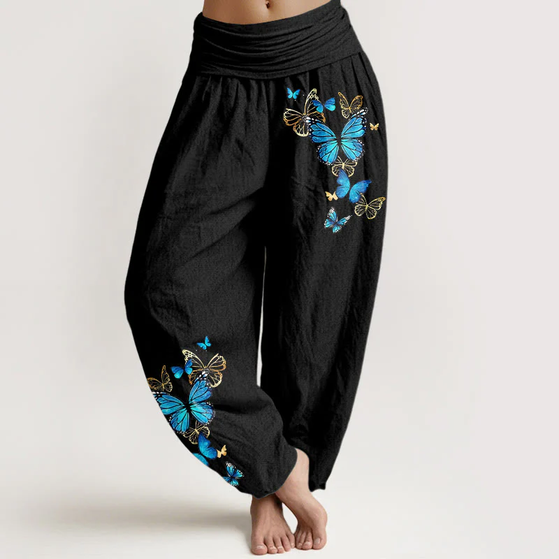 Buddha Stones Pantaloni harem da donna in cotone con fantasia a farfalle e elastico in vita.